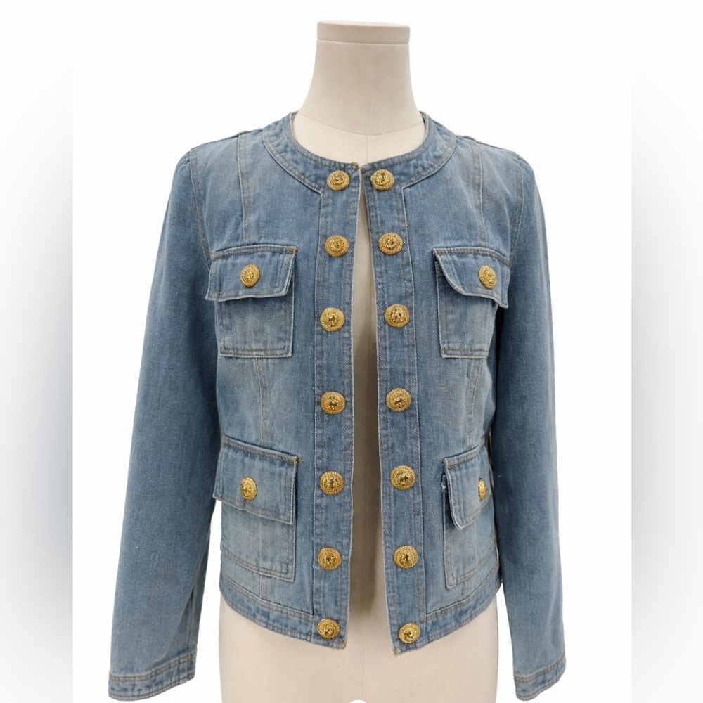 Ma Cherie Light Wash Denim Jacket with Gold Crest Buttons Chic Military Style - Picture 2 of 15